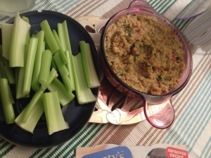 Tuscan Chickpea Mash with cut celery, a nice appetizer. 