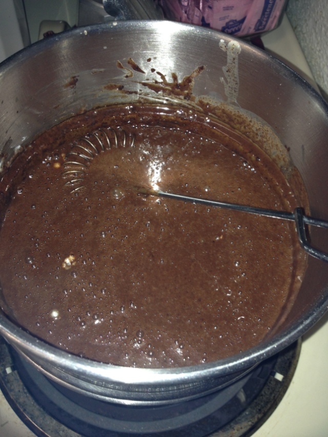 Almond milk and chocolate heated in a double-boiler