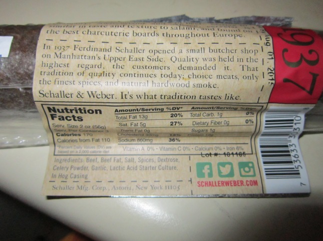 Closeup of the sausage label