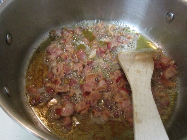 Bacon. Fried. In garlic oil. 