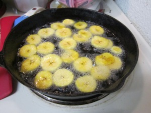 Frying the plantains. I had to keep remembering that they're not bananas! 